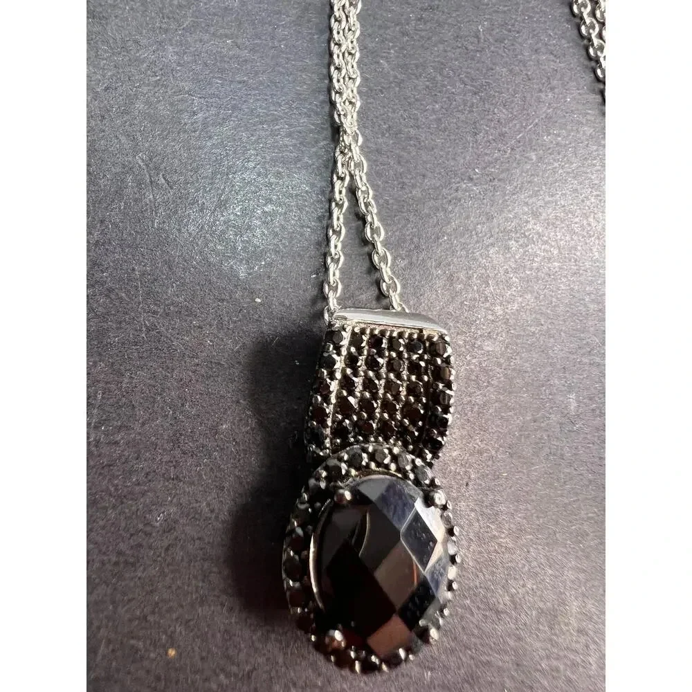 Black spinel pendant and chain necklace in rhodium over sterling silver